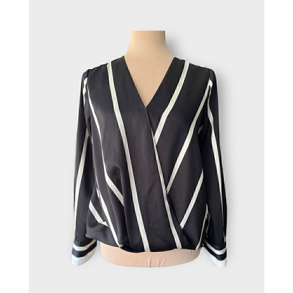 Vince Camuto Women’s Surplice Faux Wrap Long Sleeve Blouse Black and White Strip - Picture 2 of 8